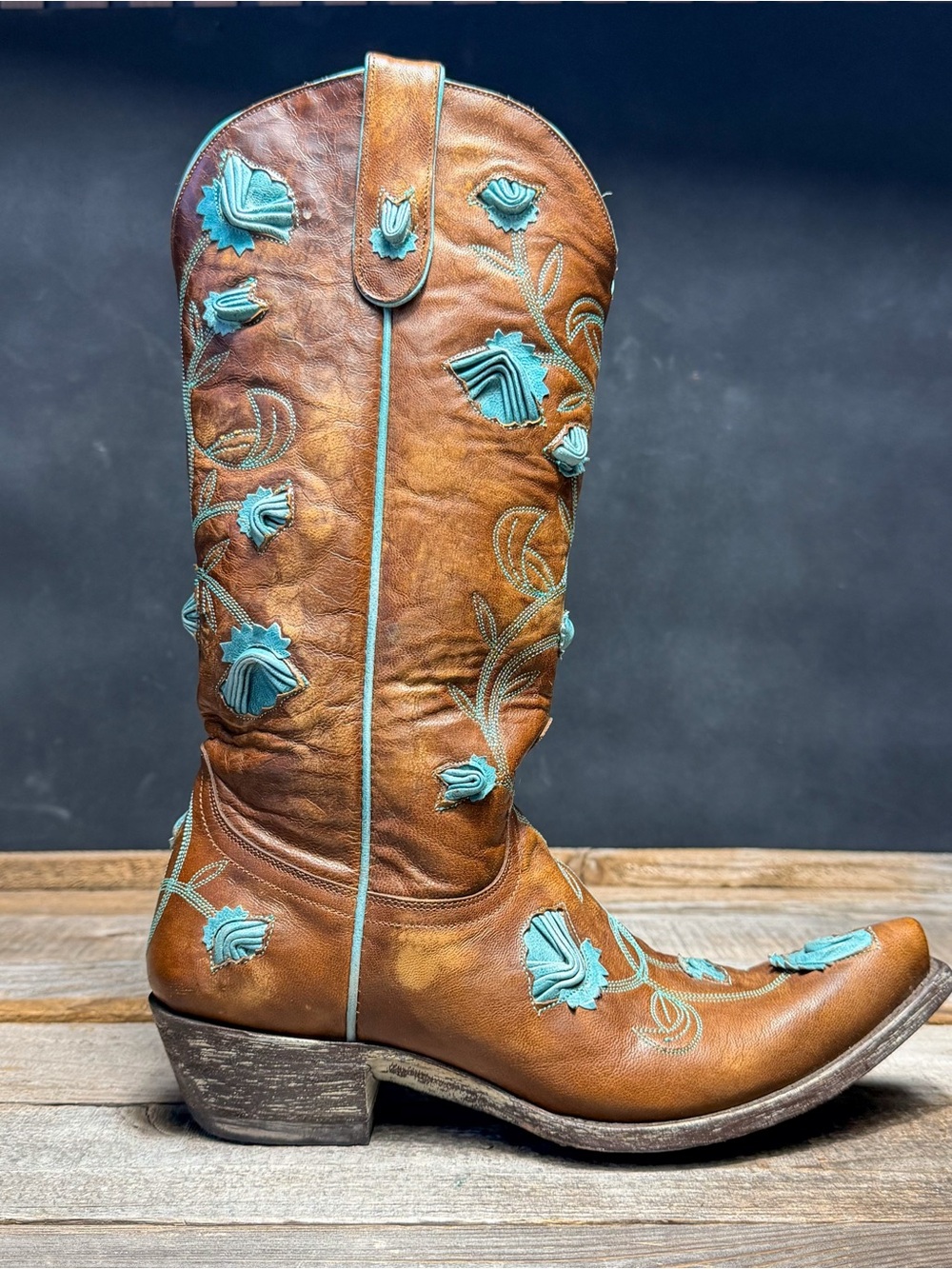 Old Gringo Embroidered Tall Leather Cowgirl Boots - Brown with Turquoise Accent - Picture 3 of 11
